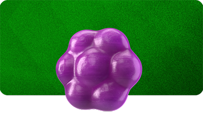 A purple cluster-shaped candy resembling a bunch of grapes, set on a green diagonal-striped background.
