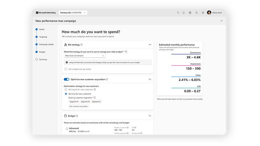 An image of the Performance Max new customer acquisition goal options in the Microsoft Advertising platform. 