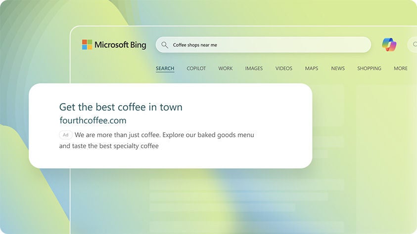 Search Ads appearing on a ‘coffee shops’ related Bing search results page