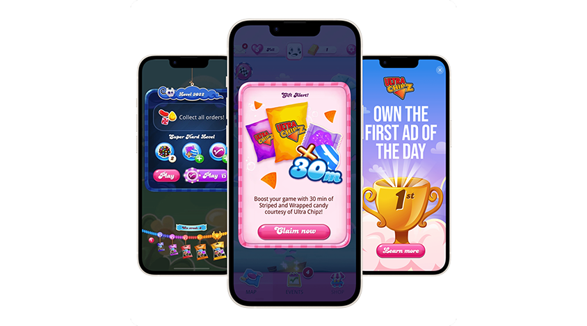 Three mobile screens with candy-themed game ads. Center shows Ultra Chipz gift alert for 30-minute boost. Right shows trophy with “Own the first ad.” 