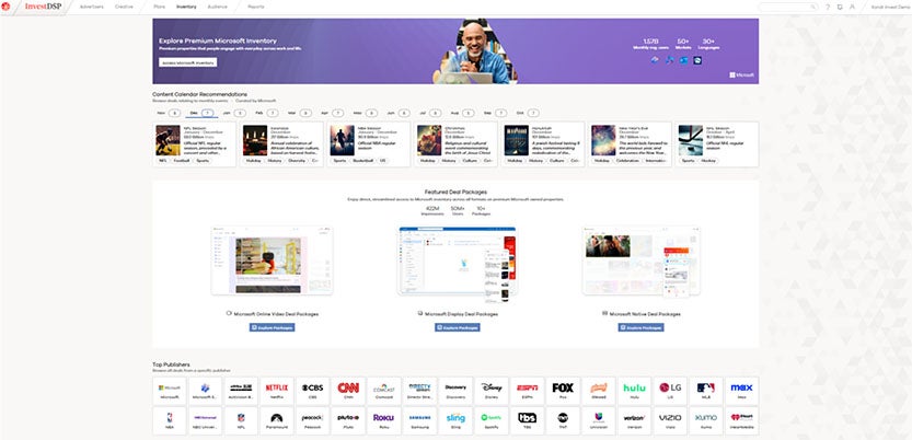 A webpage from Innovid DSP showcasing premium Microsoft inventory. The page features a purple banner with a call-to-action button to explore more.