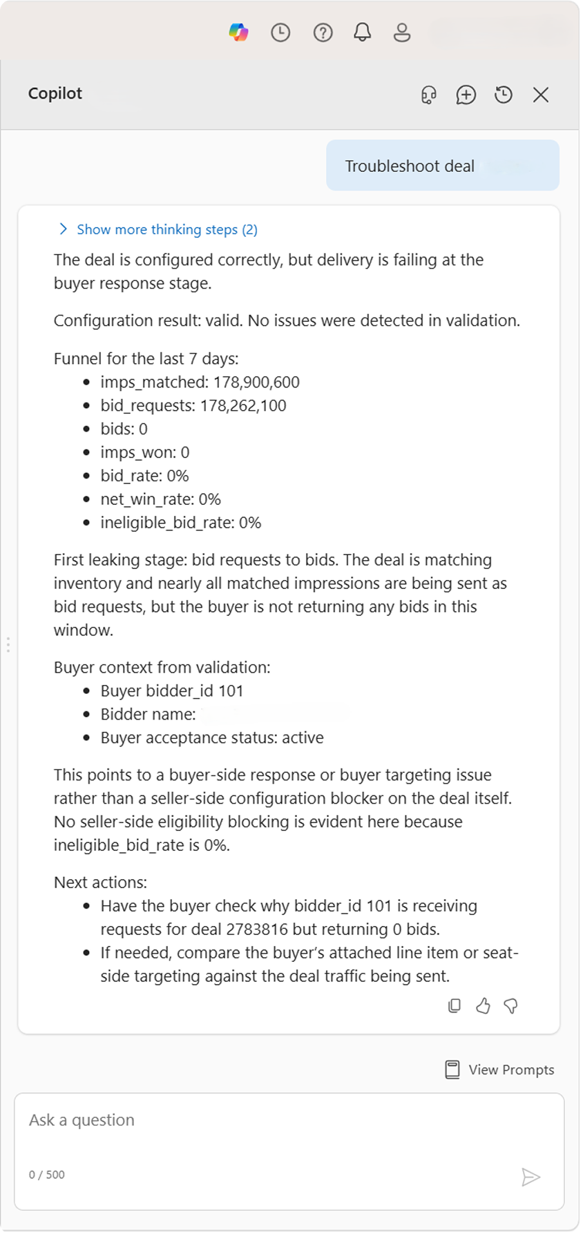 Copilot troubleshooting a deal and recommending next steps