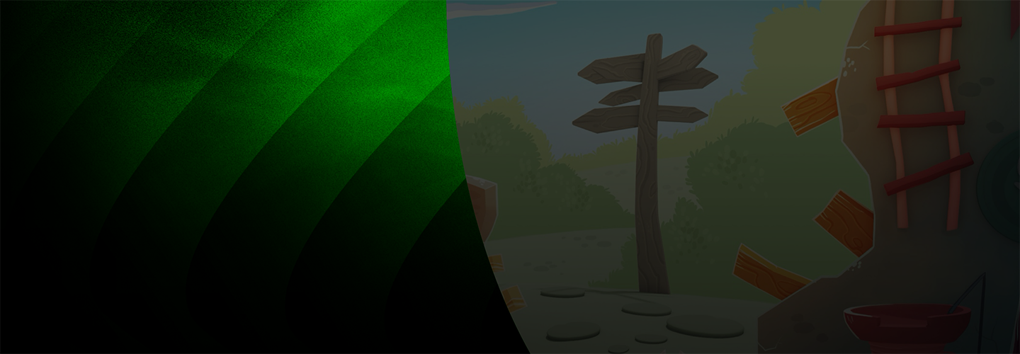 Green striped background on the left with a cartoon-style outdoor scene on the right, featuring a wooden signpost, trees, and part of a rocky structure with a red ladder.