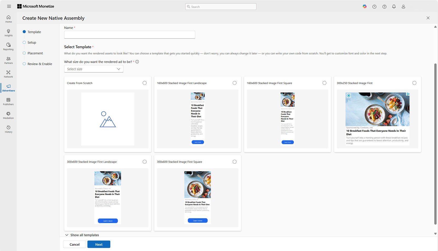 Screenshot of the Create New Native Assembly page. Shows the option to select a native template from the library.