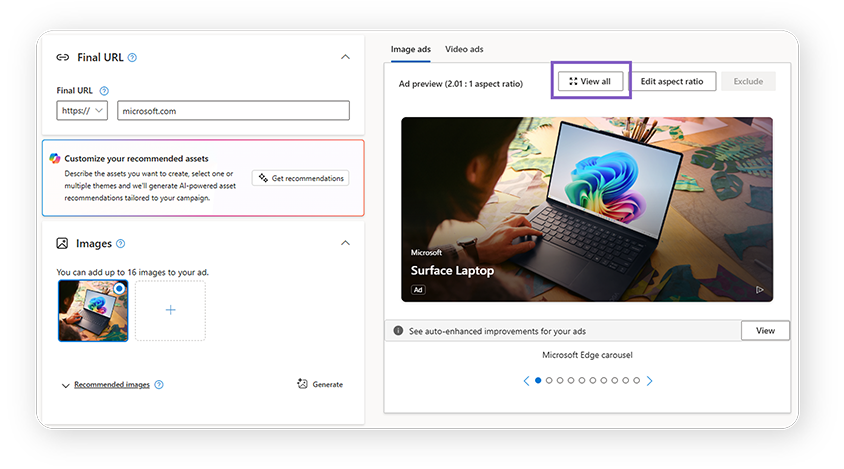Microsoft Advertising ad preview hub for Audience ads showing preview options