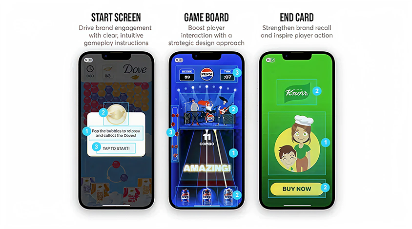 Three smartphone screens showing examples of a start screen, game board, and end card