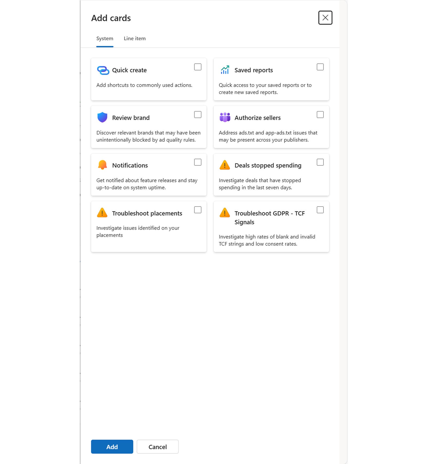 Screenshot of the Card Library pane. Shows the options to add or remove various cards from the homepage. Card options shown include ‘Quick create’, ‘Saved reports’, ‘Review brand,’ ‘Authorized sellers’, ‘Notifications’, ‘Deal stopped spending’, ‘Troubleshoot placements’, and ‘Troubleshoot GDPR-TCF signals’.