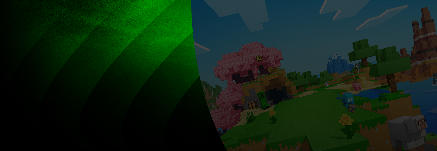 Green gradient background with a curved edge revealing a pixelated game scene featuring blocky trees, a pink tree-like structure, water, and animals in a bright outdoor setting.