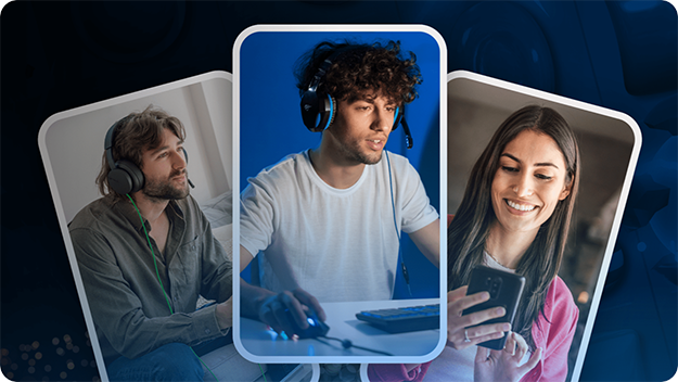 A collage of three people wearing headsets or holding phones, each framed in separate panels, against a blue background.