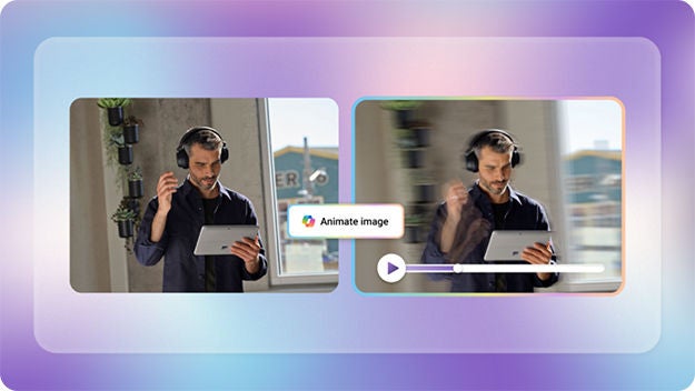 A person wearing headphones stands indoors, holding a tablet device. The image is split into two sections: the left shows the person in a static pose, while the right displays the same person with a motion blur effect and a video play bar overlay, suggesting animation. The background features a window and wall-mounted plants, with a soft purple gradient frame around the image.