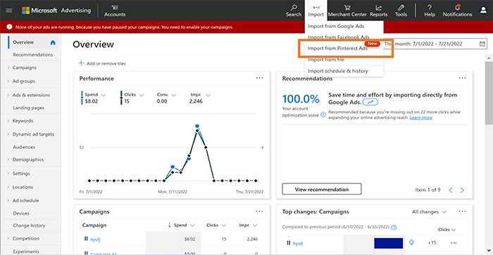 View of the Microsoft Advertising dashboard with the Import menu displayed.