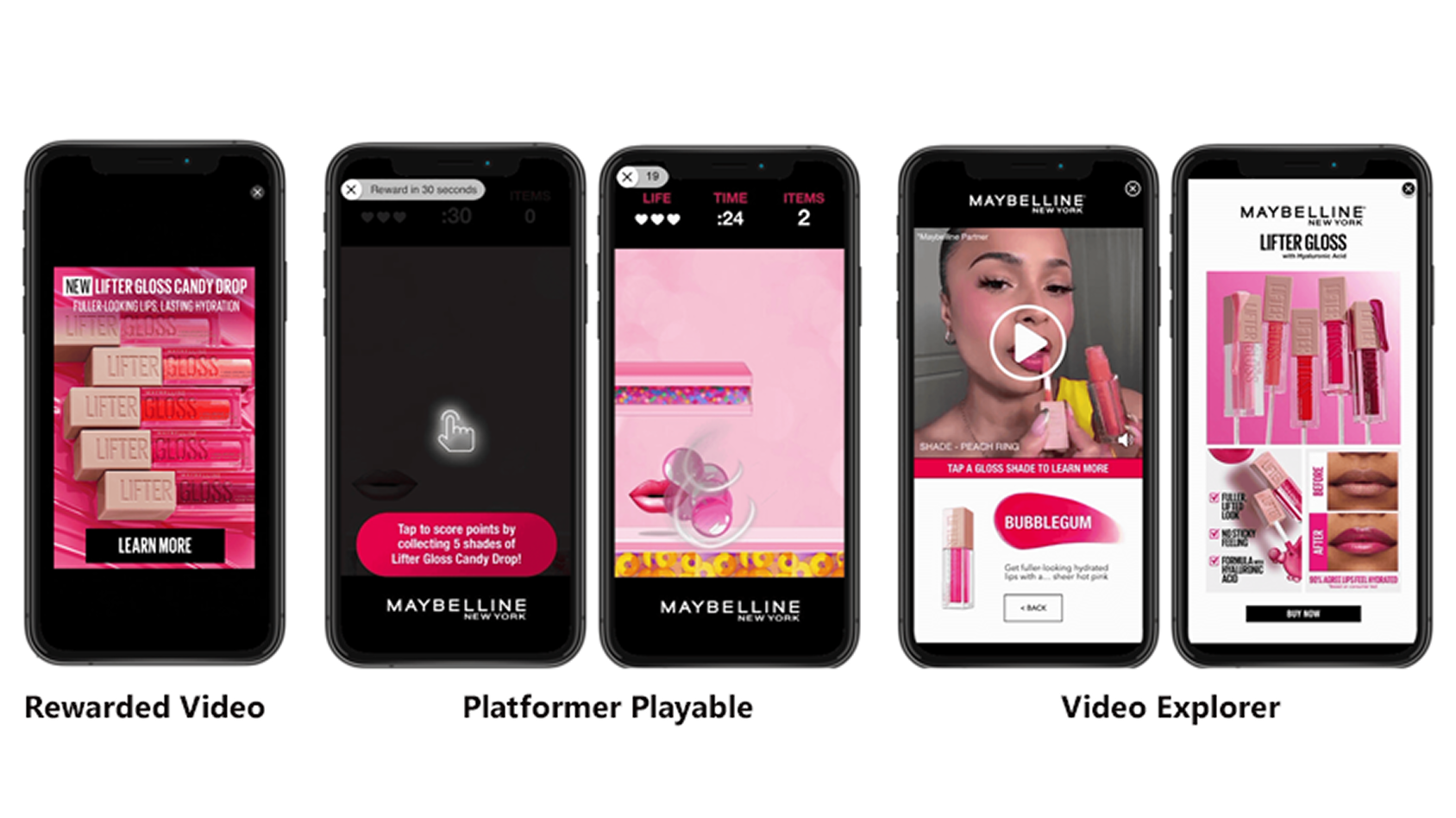 Rewarded Video and Interactive Ads in Candy Crush Saga for Maybelline Lifter Gloss