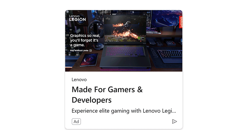 Lenovo Legion gaming ad showing laptop with high‑graphics gameplay and gaming setup