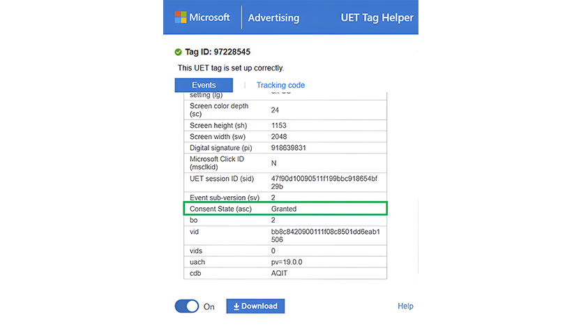  Screenshot of UET Tag Helper verification indicating consent status is “granted”