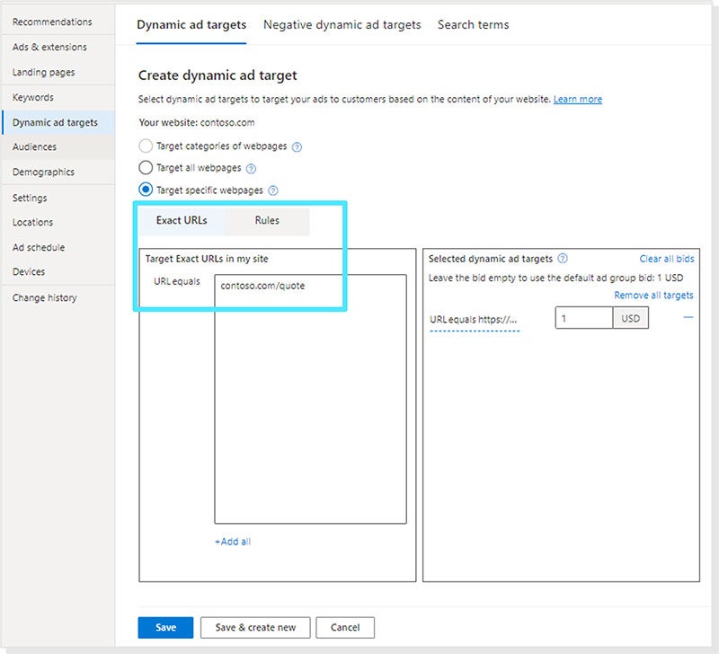 Snapshot of the “create dynamic ad target” platform.