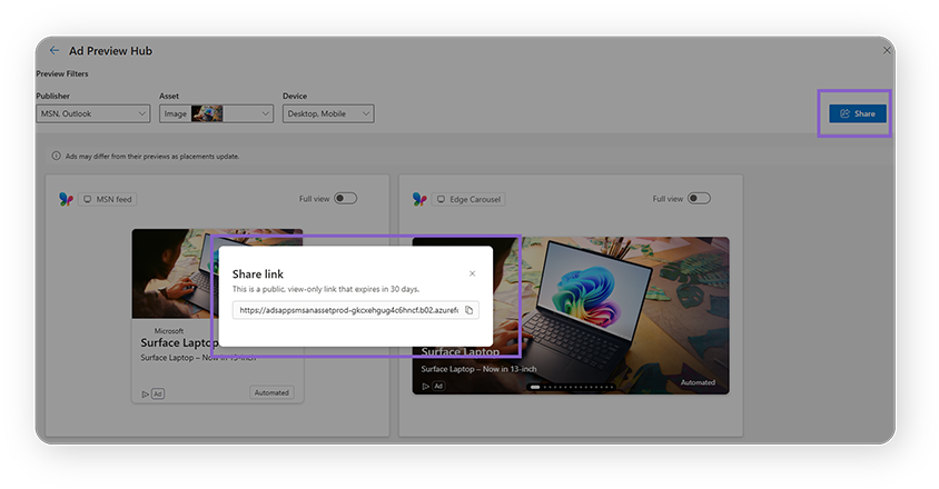 Audience ads ad preview hub option to generate a shareable preview link for partners or stakeholders