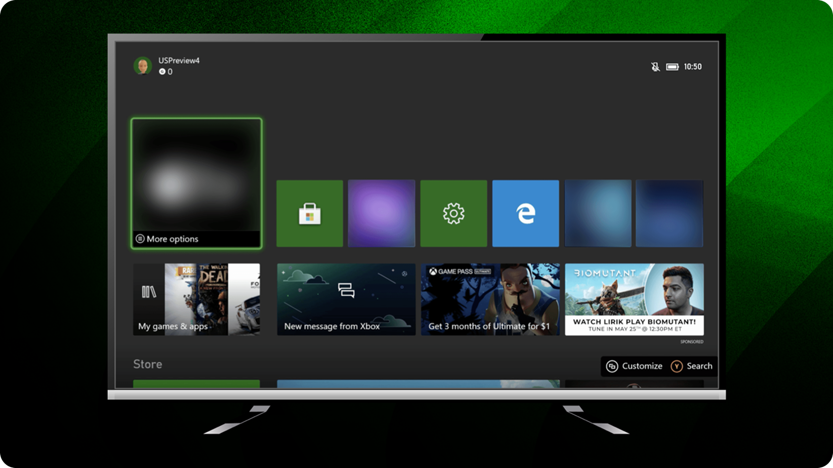 A television screen showing an Xbox dashboard with various tiles, including game icons, settings, and promotional banners.