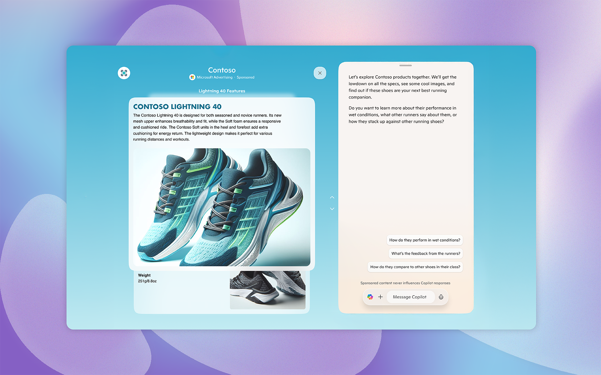 An AI-powered shopping experience featuring the Contoso Lightning 40 running shoes, with interactive features for exploring product details, performance comparisons, and user feedback.