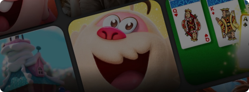 Dark, cropped collage featuring three main elements: a Candy Crush Yeti character in the center, a Solitaire game with playing cards on the right, and a pastel candy-themed building on the left.