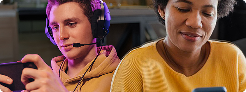 Two people using smartphones, one wearing a gaming headset and the other holding a phone, each focused on their screen.
