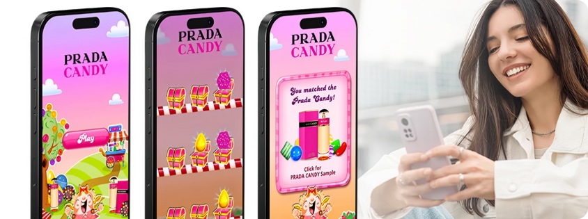 Three smartphone screens showing a Prada Candy playable ad next to a woman smiling while using her smartphone.
