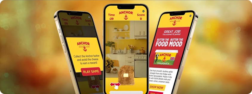 Mobile playable ad for Anchor butter shown across three smartphone screens